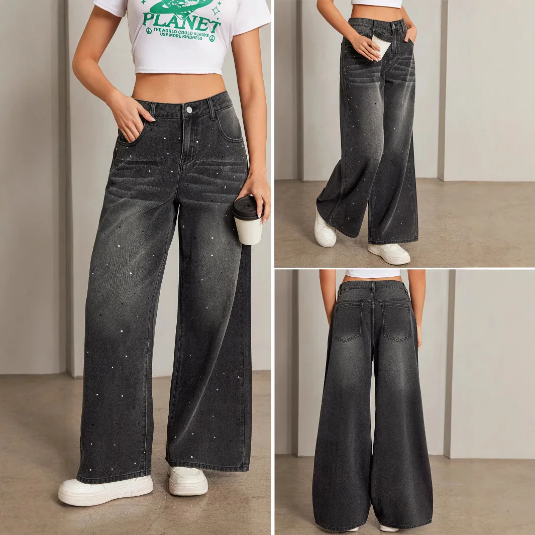 Pant Women Jeans Vintage Washed Hot Drilling Wide Leg Pants Ankle Length Mid Waist Work Straight Trousers Y2k Streetwear Elegant