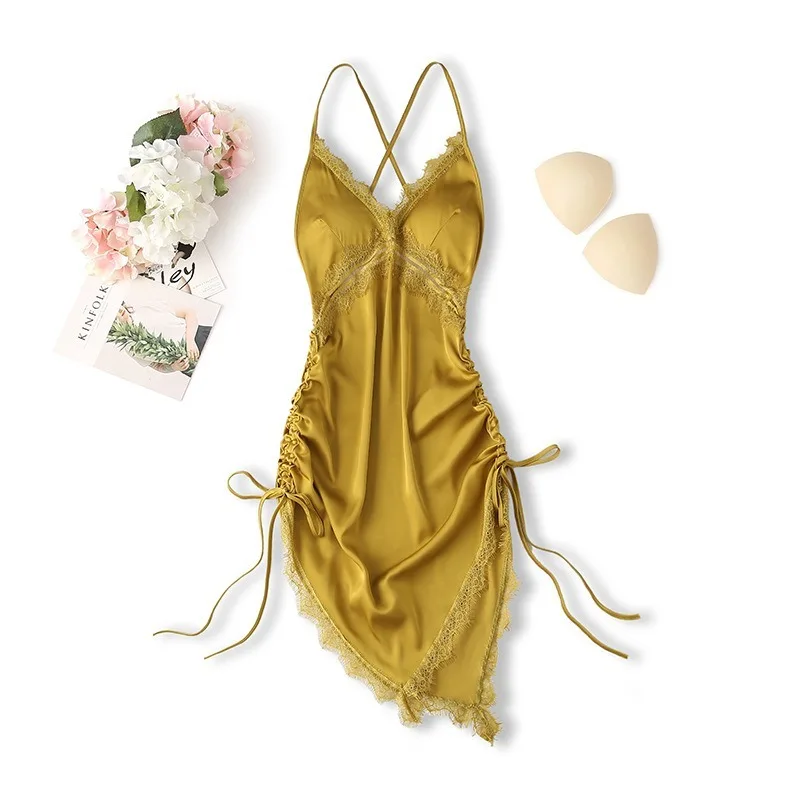 

Sexy Nightgown 2025 Spring Summer New Style Ice Silk Irregular Drawstring Deep V Women's Lightweight Nightgown Sexy Lingerie