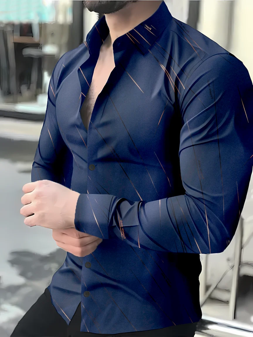 New Men's long-sleeved Shirt-Solid-Colored Collar Shirt-Gold-embossed Pattern-High-End Business Shirt-Essential Sor Successful M