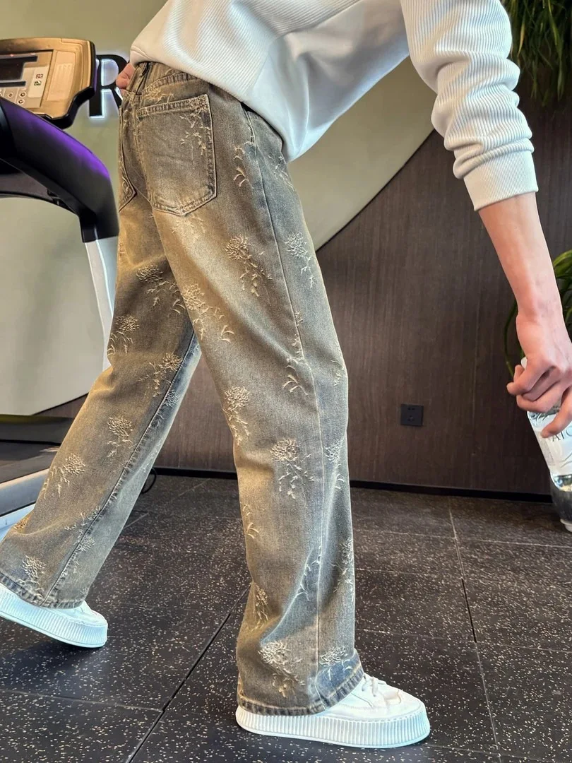 

Светло-голубые прямые джинсы с высокой талией и вышивкой шипов, мужские брюки American High Street CleanFit, длинные брюки