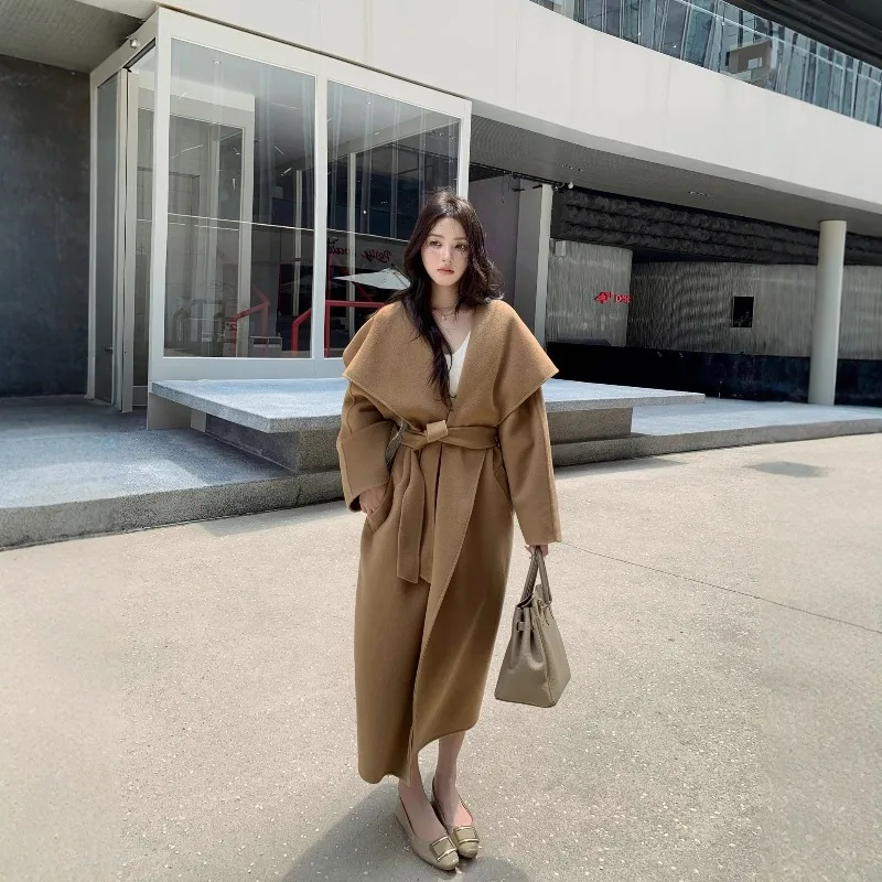 

Autumn Winter Women Woolen Large Lapel Double-Sided Wool Coat Camel