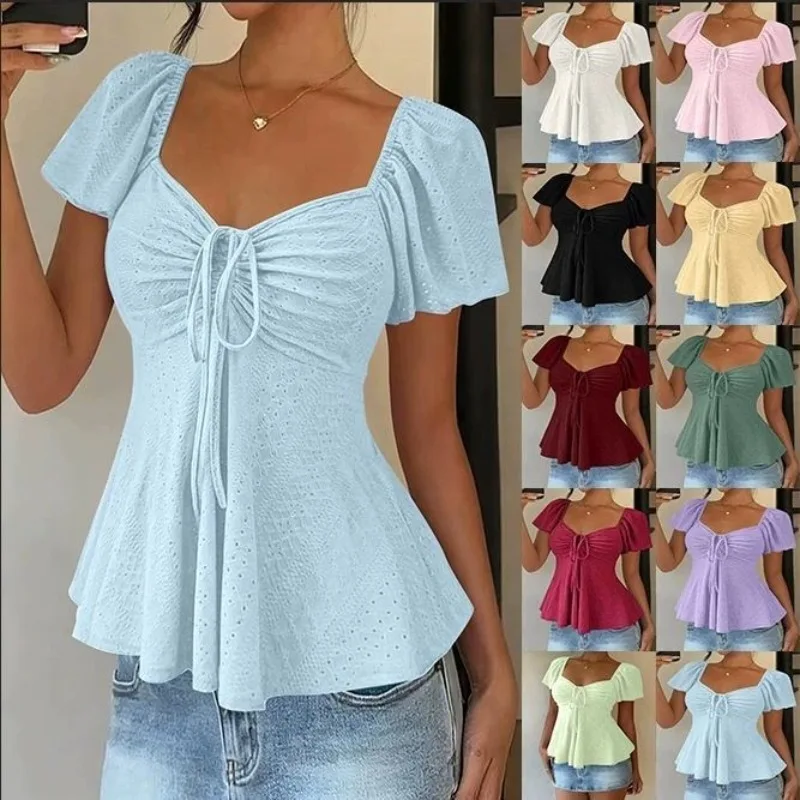 Summer 2026 New V-Neck Drawstring Bundle Sexy Short Sleeve Solid Color T-Shirt Women's Clothing  Women Clothes Vintage