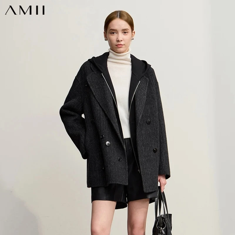 Amii Women's Jacket Coat 2026 Winter New Modern Turn-Down Collar Double-sided Woolen Coat Woman Elegant Versatile Tops 12544151