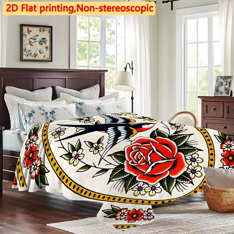 Vintage Rose Swallow Tattoo Flannel Throw Blanket Classic Floral Art Soft Warm Blanket for Couch Bed Home Decor Gift Ideas Now