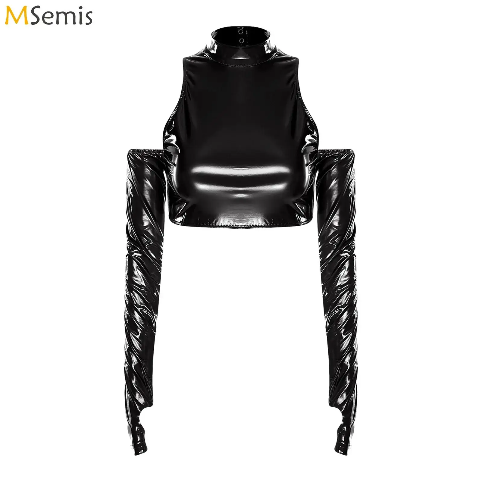 

Womens Adult Glossy PU Cropped Top Rave Party Music Festival Costume Cold Shoulder Long Sleeve Hollow Out Pullover Top Clubwear