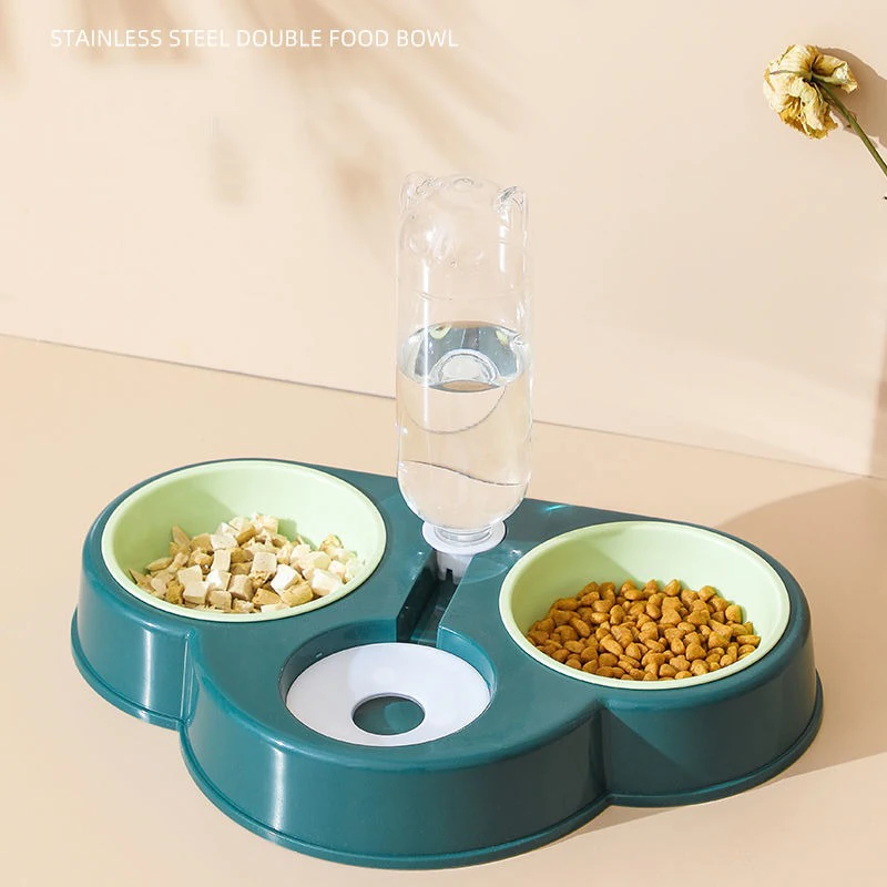 Pet Cat Bowl Automatic Feeder 3-in-1 Dog Cat Food Bowl With Water Fountain Double Bowl Drinking Raised Stand Dish Bowls For Cats