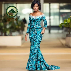 African Dresses for Woman Ankara Long Sleeve Slash Neck Lace Bodycon Dress Dashiki Women Formal Occasion Dresses Party Wedding