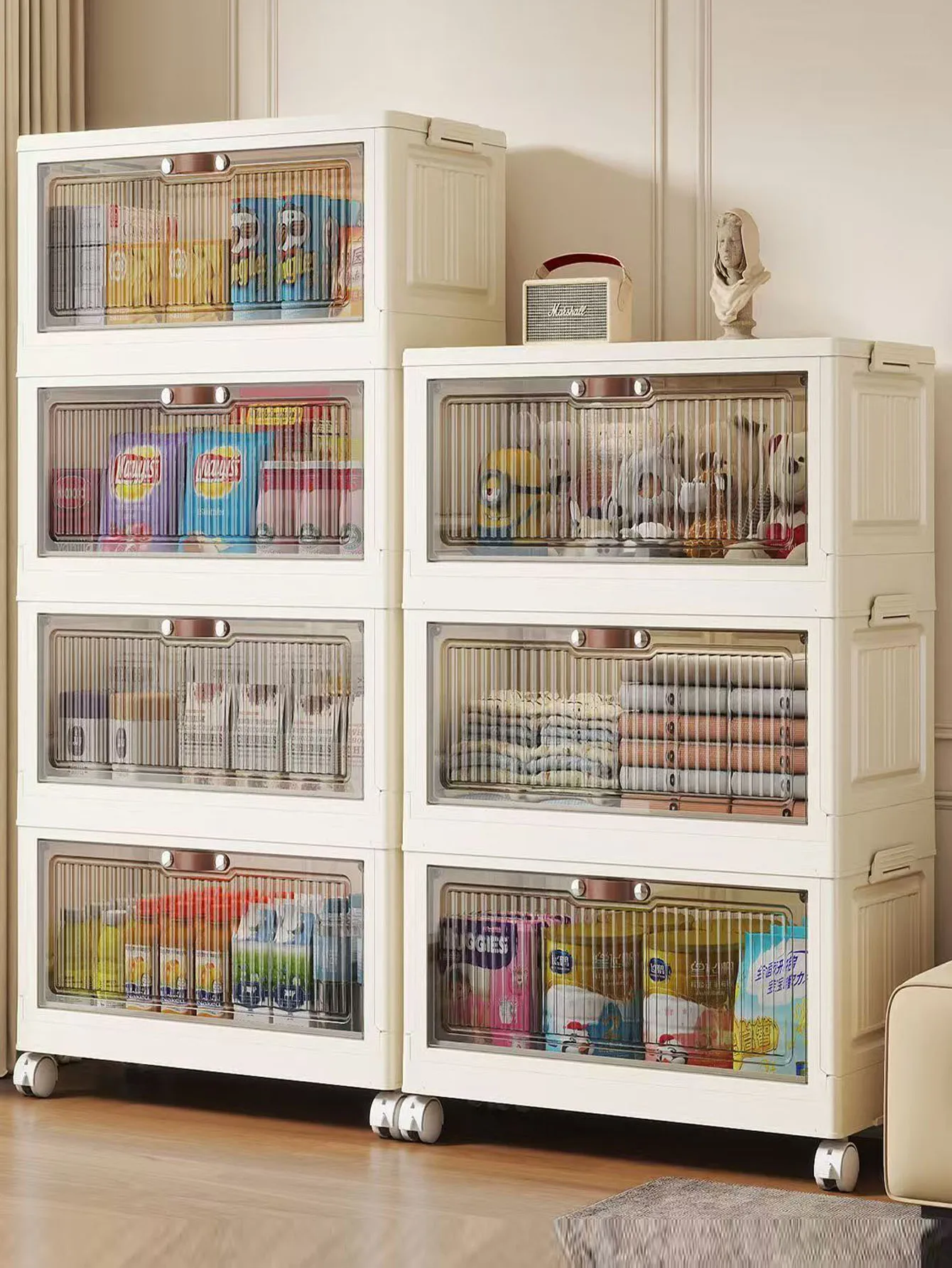 Foldable Multi-Layer Storage Rack Flip Cover Kitchen Bathroom Living Room Snack Organizer Cabinet No Installation Required