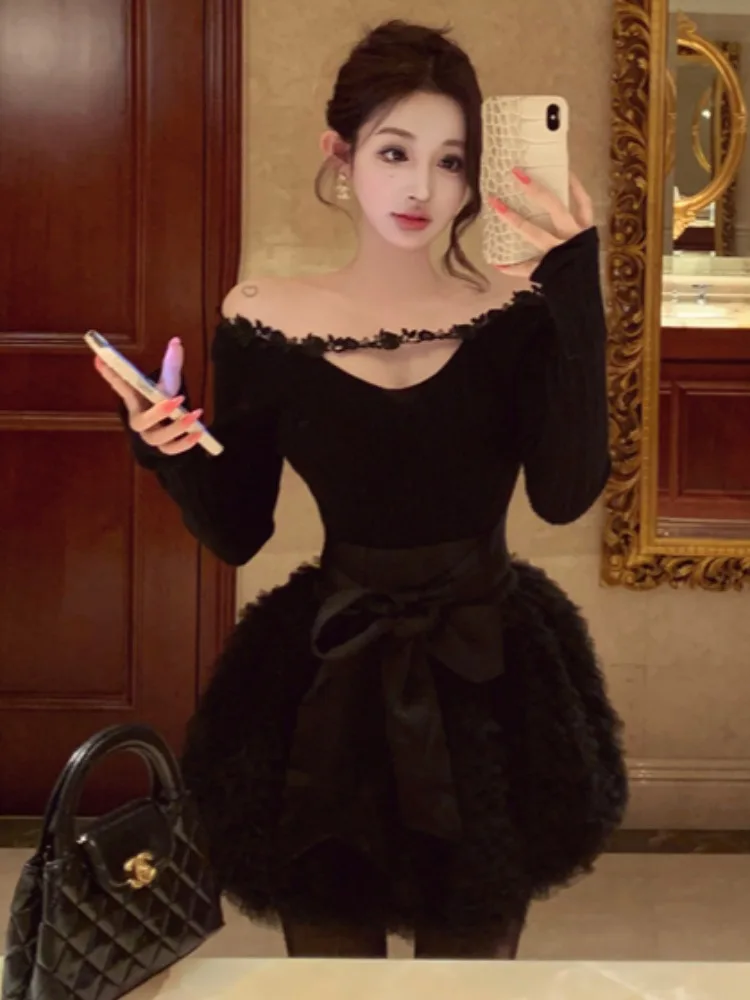

Shoulder Bared Knitted Top Base Layer Shirt Inner Wear Sweater Black Puffy Half Skirt Autumn Winter New Style Women's Set