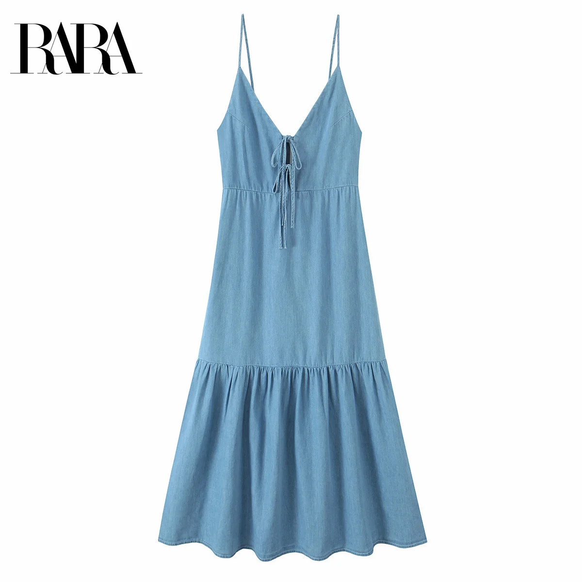 

RARA Womens Elegant Sweet V - Neck Spaghetti - Strap Mid - length Denim - Paneled Dress with Chest Tie - Bow Design