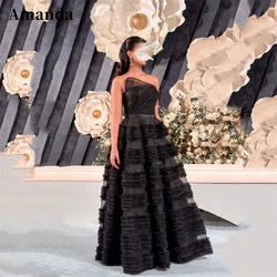 Amanda Elegant Strapless Multilayer Evening Dress Sexy Sleeveless A-line Party Dress 2024 Grace Tulle Black فساتين مناسبة رسمية