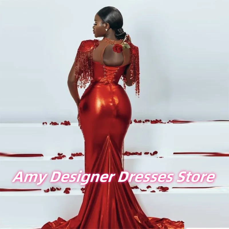 

Elegant Red Sequin Evening Dresses For Women Exquisite Beaded Tassel Mermaid Prom Dress Wedding Party Dress African Customized