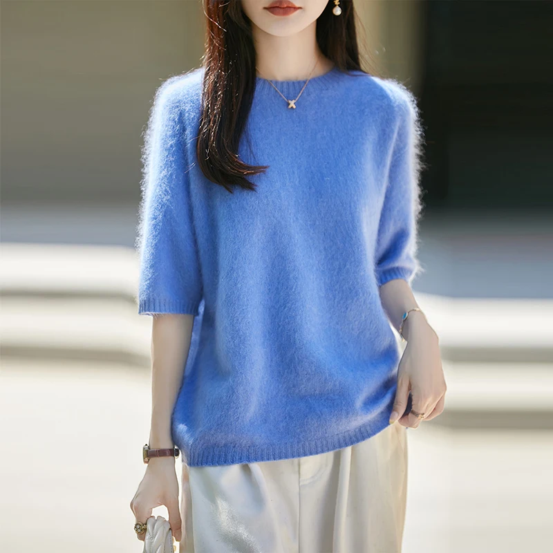 Autumn/Winter 100% Wool Knit Pullover Brushed Sweater Women O-Neck Seamless Soft Sweater  Female Loose Short Sleeve Shirt Basic