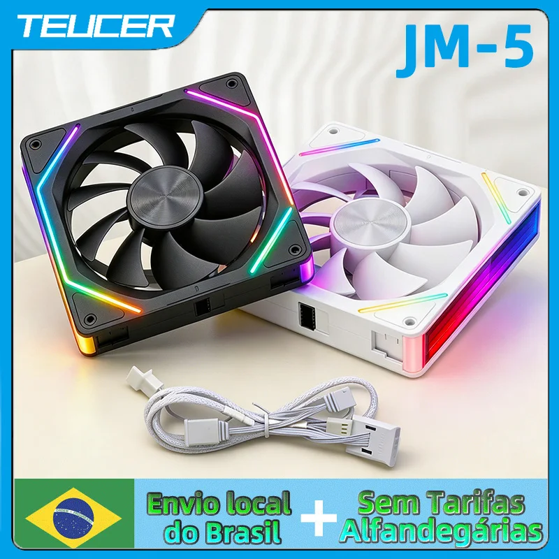 TEUCER JM-5 Ventilador de caixa ARGB de 120 mm sem fio Daisy Chain Conecta ventilador de resfriamento de PC, moldura lateral de espelho infinito Ventilador RGB 4Pin PWM Ventilador de radiador de PC de baixo ruído