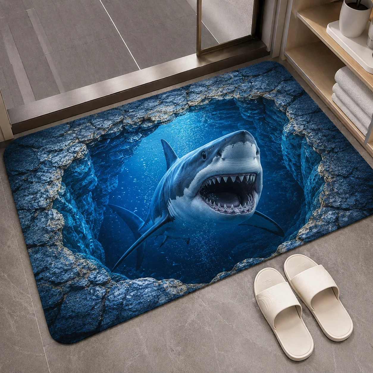 3D Fantasy Shark Water Rug Ocean Shark Hole Floor Mat Visual Illusion 3D Custom Anti-slip Bathroom Bedroom Mats Home Decoration