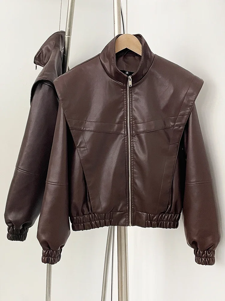 

Women Fashion Short Fake Leather 2025 New Spring Autumn Clothes Wholesale Faux Leather Jacket Female Short Brown Overcoat Lady