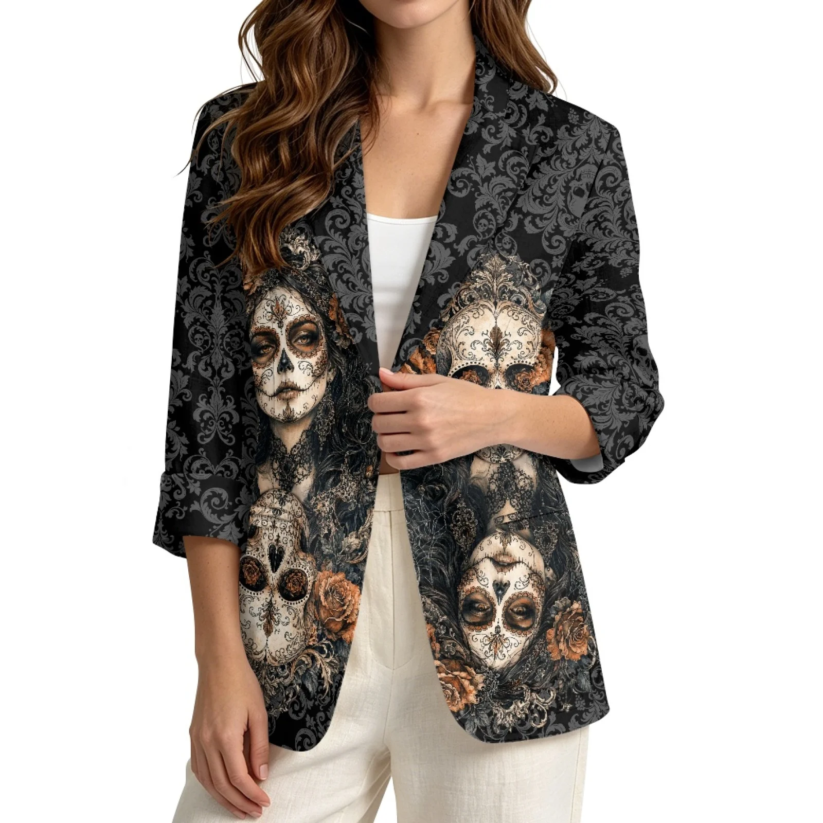 PENSTROLL Sugar Skull Linen Style Open Front Button Cardigans, Loose Fall Outerwear for Women S-3XL, Lightweight Beach Jackets