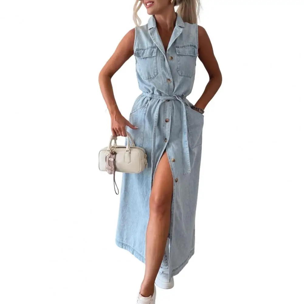 Vrouwen mouwloze lange gordel taille cinching enkele knop denim jurk damesmode cowboyjurk Jean shirtjurk - afbeelding 1