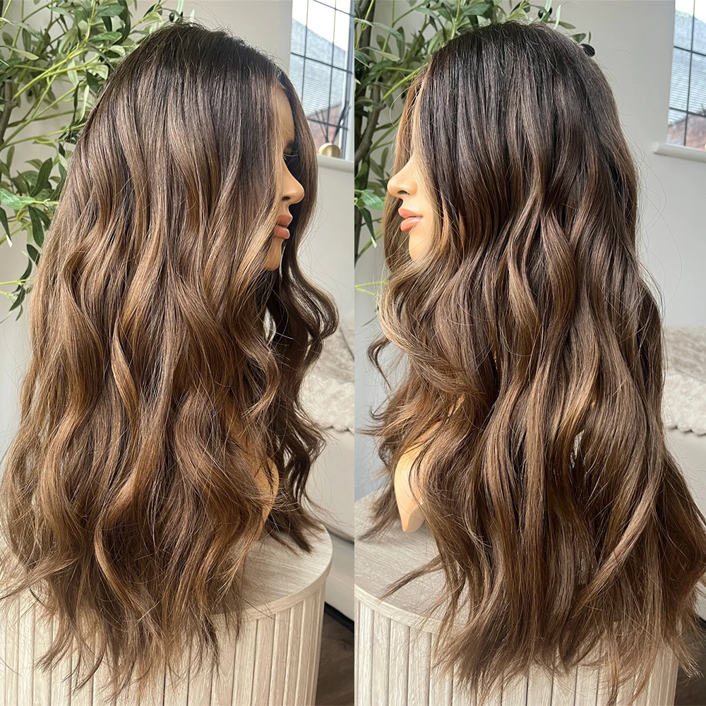 

13x4 Dark Brown Natural Wave Wig Middle Part Layered Caramel Brown Blonde Highlights Wig Heat Resistant Synthetic Lace Front Wig