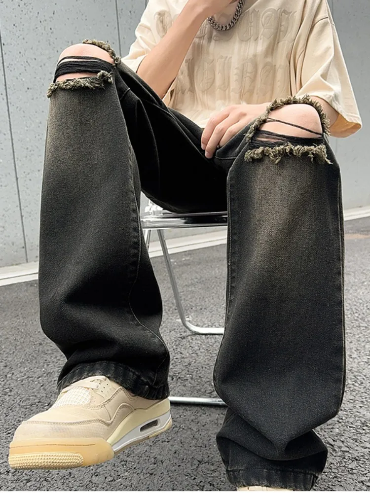 

American Sle Men's Jeans High Street Hole Straight Leg Loose Wide Leg Summer Thin Jeanswear Youth Faionable Pants