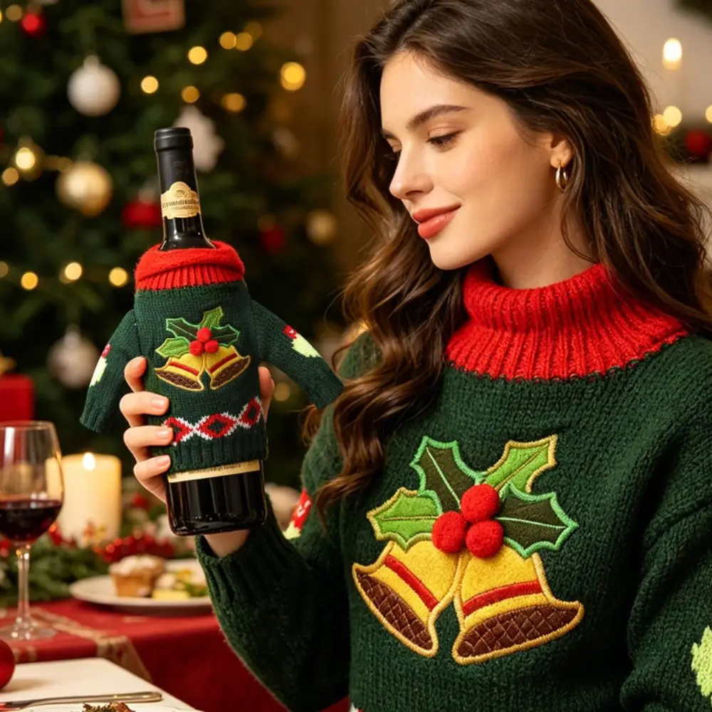 Elk Wine Bottle Cover Snowflake with Mini Santa Hat Christmas Knitted Bottle Cover Snowman Reindeer Beer Bottle Cover