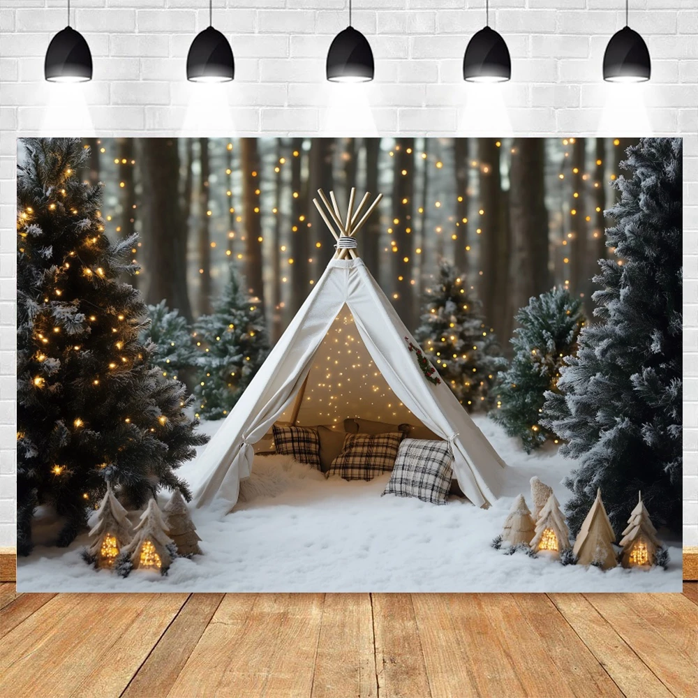 Winter Forest Decorations Backdrops For Photographs Tent Pine Snowy Light String Kids Family Portrait Indoor Photo Backgrounds
