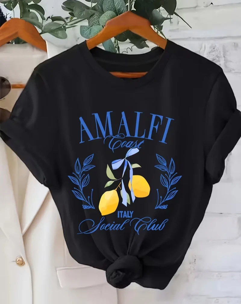 Women's Plus Size Casual Short Sleeve T-Shirt - Amalfi Coast Italy Social Club Graphic Print with Lemon & Leaf Daily Streetwear