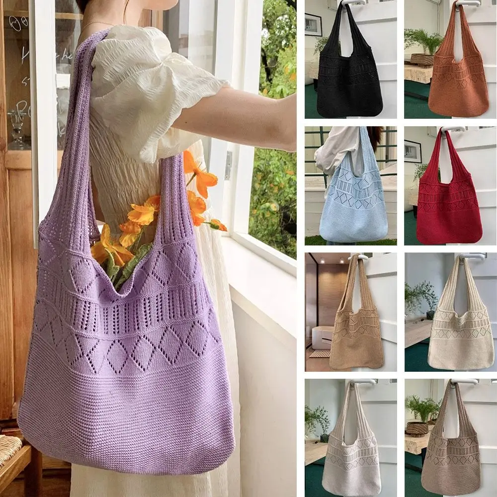 Grande capacidade oco compras Tote para mulheres, Bolsas de tricô, Crochet Bag, Bolsas de ombro