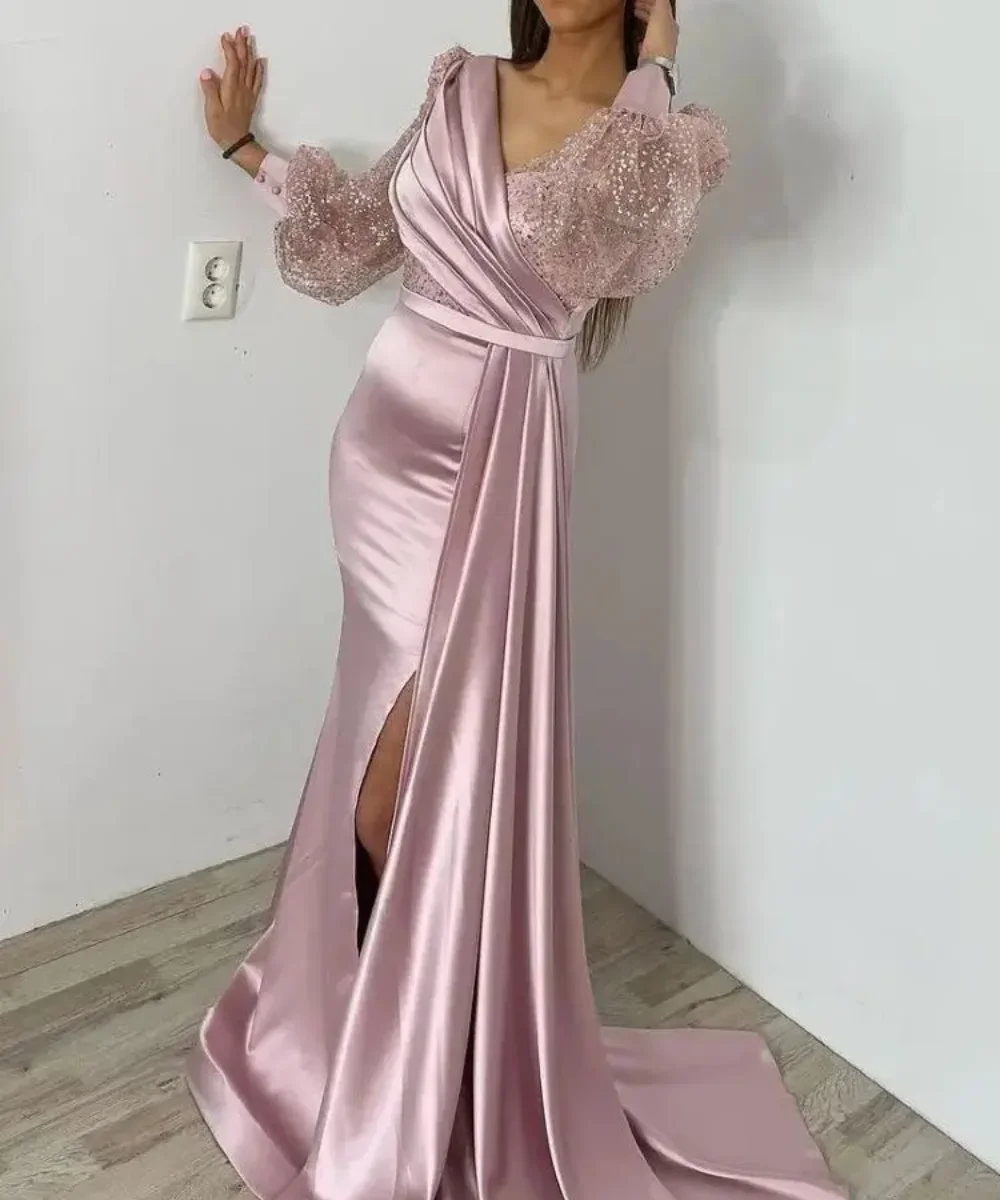 Vestidos de baile de cetim rosa, linha até o chão, divisão alta, vestido de noite, decote em v, renda, lantejoulas, arábia saudita, vestido formal feminino