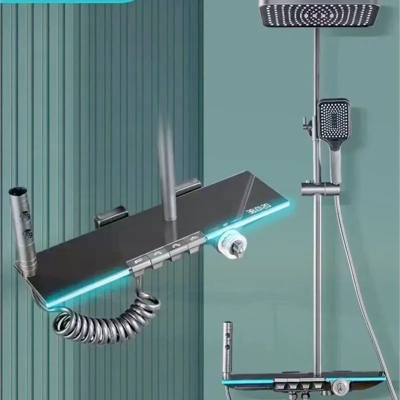Imagem -02 - Display Digital Chuveiro de Chuva Inteligente Luz Ambiente Pressurizado Sistema Termostato Quatro Posições Botão Bancada de Vidro