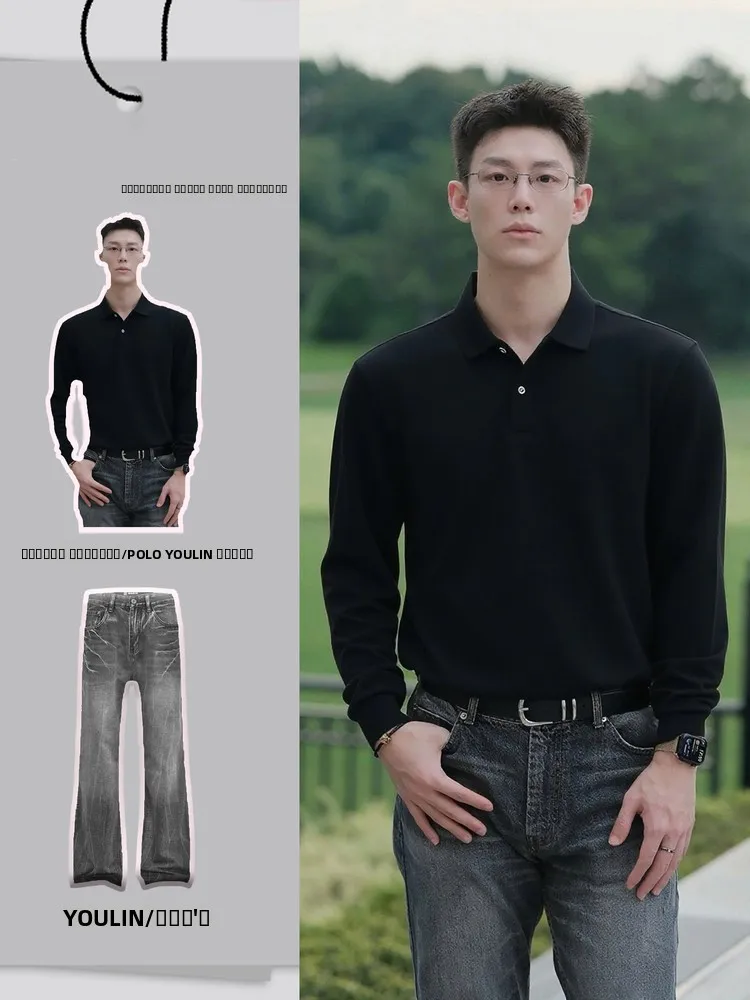 

Комплект из черной футболки с длинным рукавом и джинсов для мужчин: стильная и надежная мужская одежда, комплект из двух предметов (футболка и джинсы) для подростков