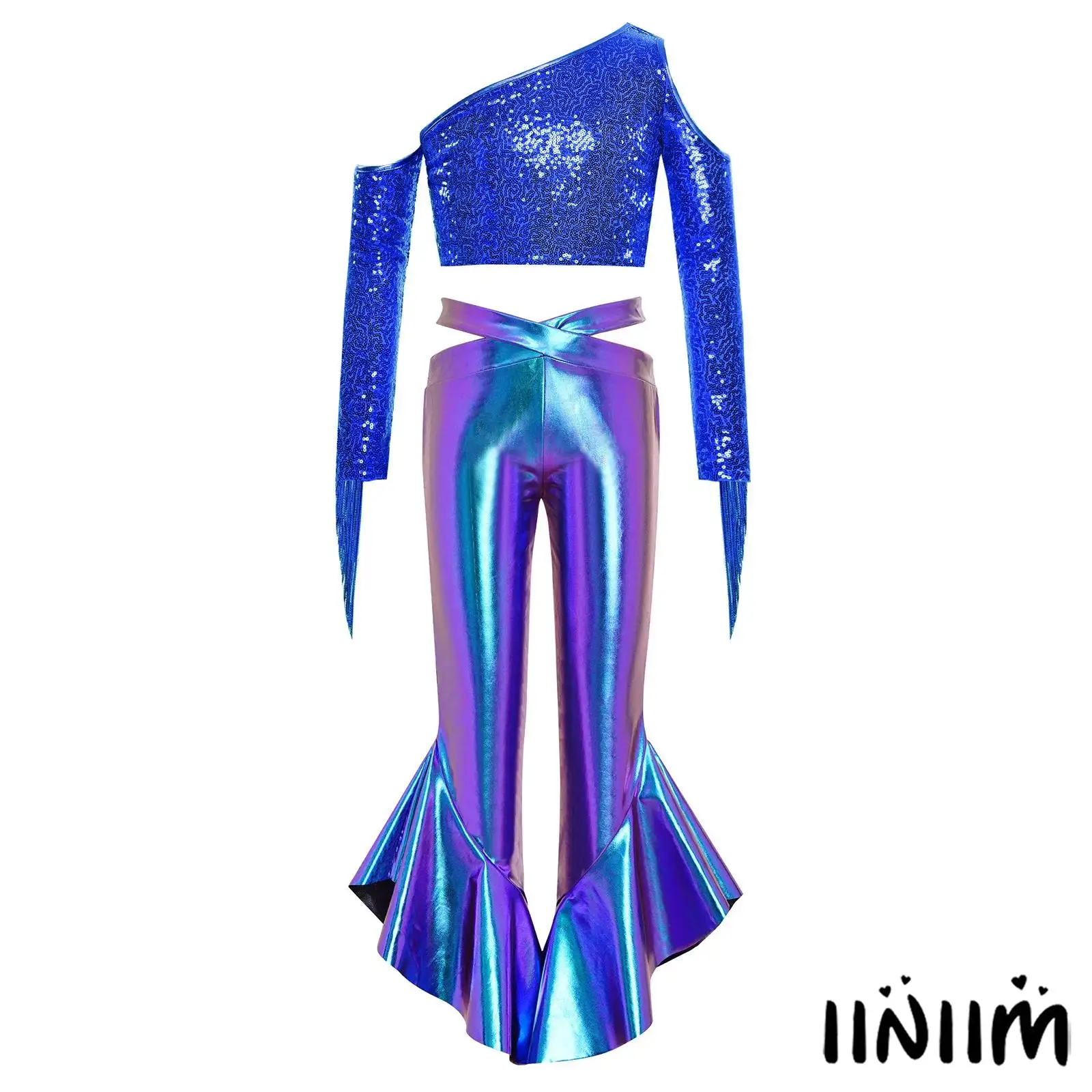 

Child Stage Pageant Performance Outfits Girls One Shoulder Long Sleeve Tassel Sequined Crop Top with Pants Jazz Raves Streetwear