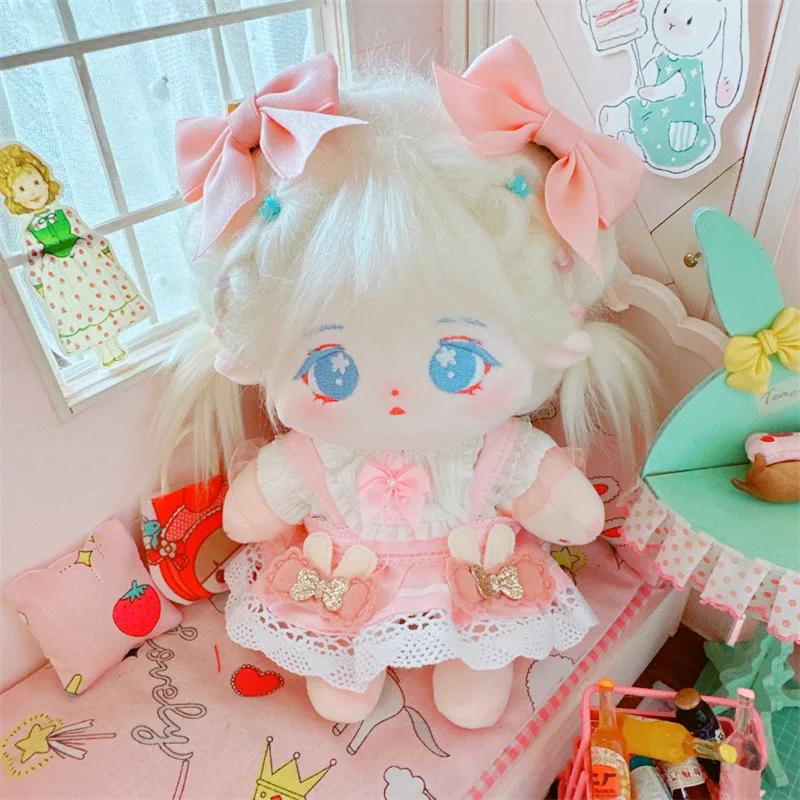 

20cm Kawaii Pink Bow Skirt Girls Doll Cute Stuffed Idol Plush Doll with Dress Clothes Bow Hair Clip Soft Kids Toys for Fans Gift