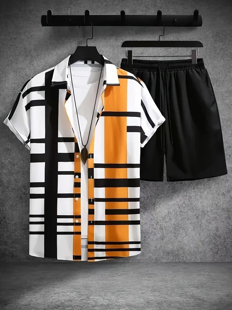 Casual Stripe Print Men\'s Casual Shirt And Beach Shorts Set Street Fashion Men\'s Oversized Short Sleeve Shirt Beach Shorts Set