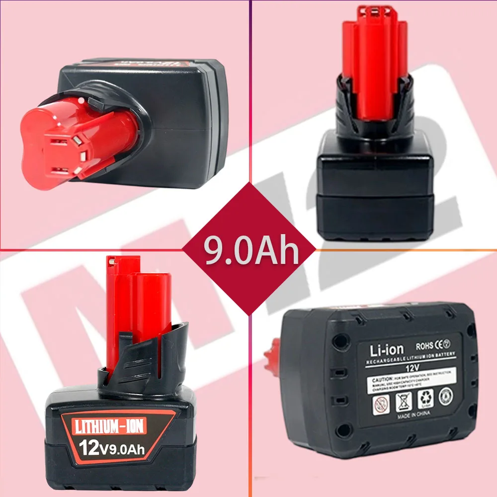 Baterie 9,0 Ah 12V pro Milwaukee M12 XC 48-11-2402 48-11-2411 48-11-2401 MIL-12A-LI, Náhrada za akumulátorové elektrické nářadí M12 - náhled 3