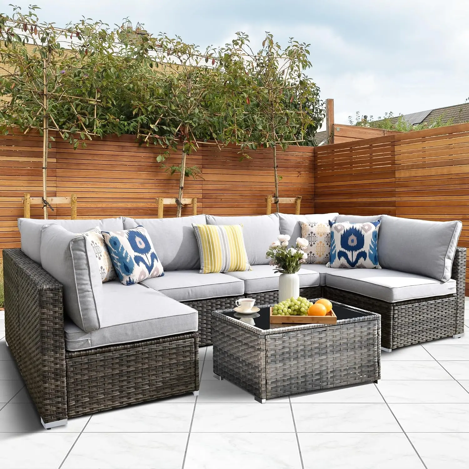 U Shaped Outdoor Wicker Sectional Sofa Set, 7 Piece Patio Corner Couch for 6 Persons Porch Deck, Customized
