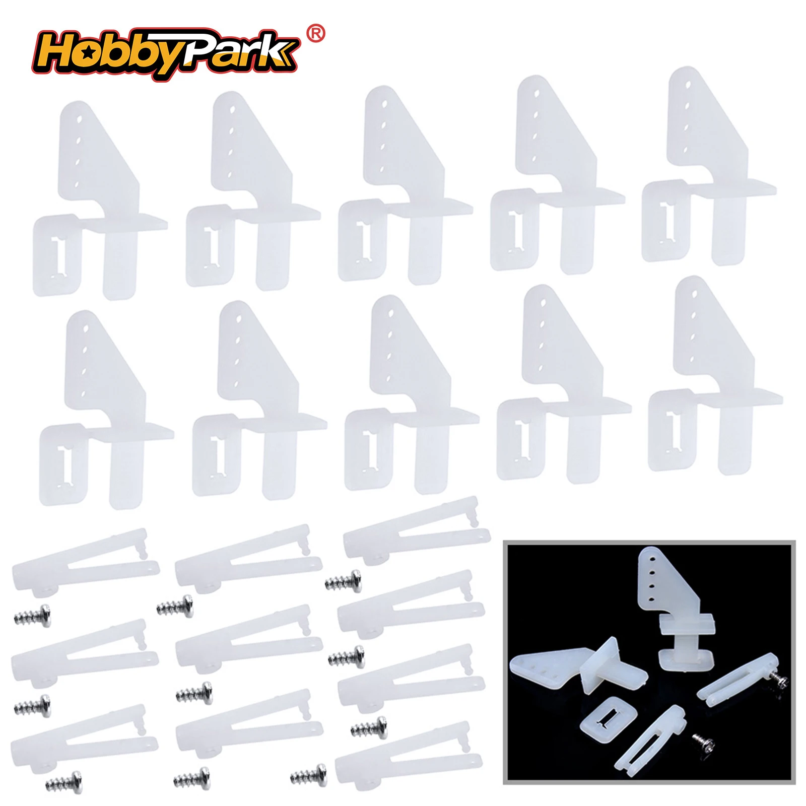 HobbyPark Nylon Micro Control Horns 20x11mm 4 Holes W/ Pin & 1.2x21mm Clevis for RC Foam Electric Park Flyers 10-Pack