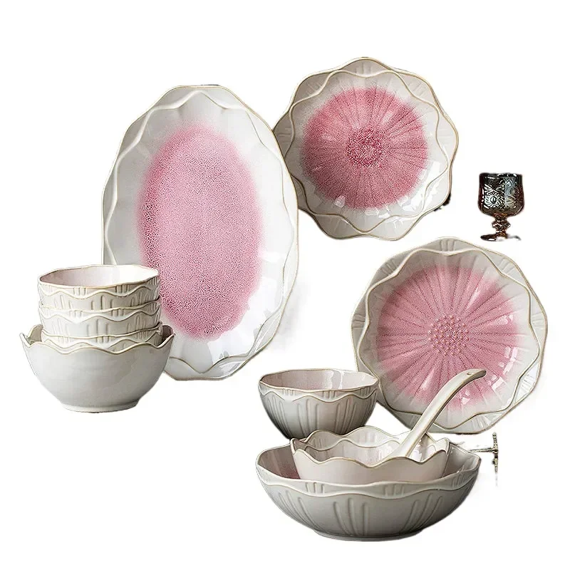Ceramic Dishes Set Household Retro Kiln Glaze Personalized Rice Bowl Creative Microwave Oven Tableware