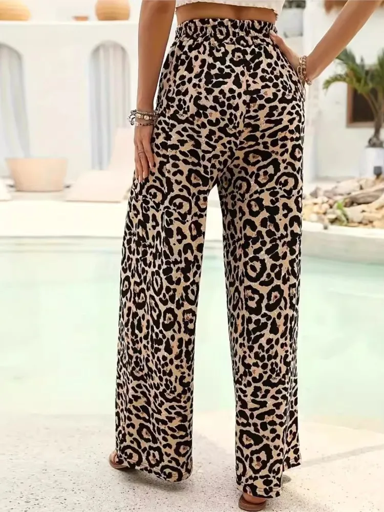 Plus Size Elastic High Waist Summer Leopard Print Pant Women Casual Loose Fashion Ladies Trousers Wide Leg Woman Long Pants