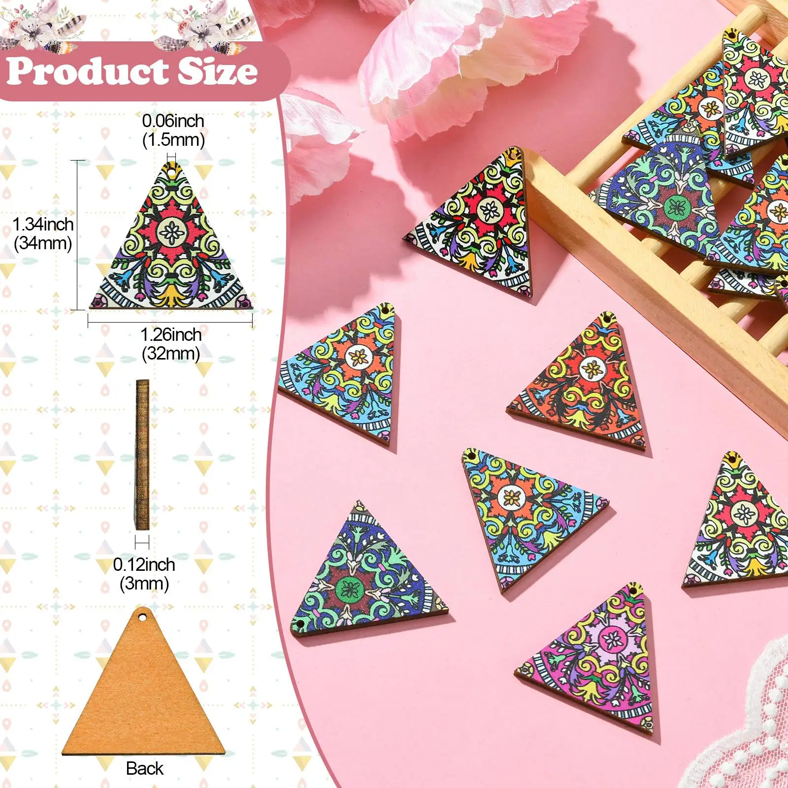 Pandahall 24Pcs 4 Styles Wooden Triangle Geometric Charms Boho Series Printed Natural Wood Pendants for Earrings Jewelry Making