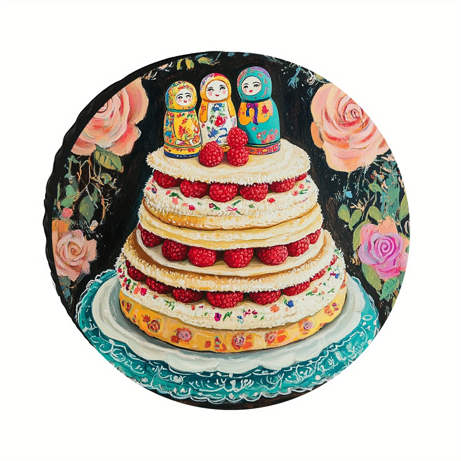 1pc Vibrant Floral & Matryoshka Doll Cake Tire Cover - UV & Dust Resistant, Fit For RVs, Trailers, SUVs, Trucks, Campers - Black