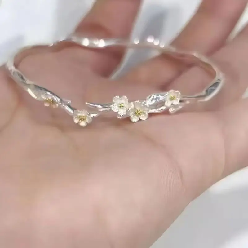 Silver Branches Adujustable Wavy Bangle Delicate Plum Blossom Metal Bracelet Oriental Minimal Floral Wrist Jewelry Asian Style