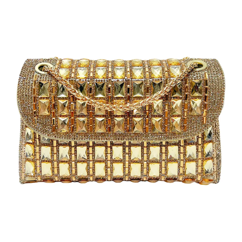 Luxury Gold Square Crystal Evening Clutch Bag With Detachable Chain Strap, Formal Dinner Purse For Middle Aged Ladies Banquet