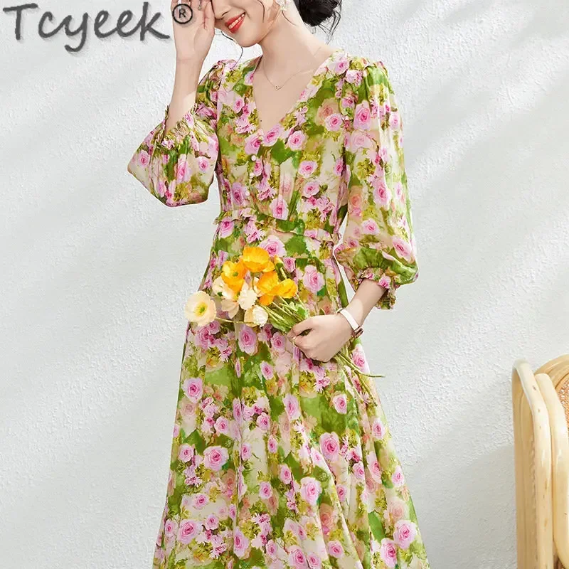 

Tcyeek 100% Real Mulberry Silk Dress Clothing Female 2023 Summer New Silk Dress V-neck Women's Elegant Dress Vestido Feminino