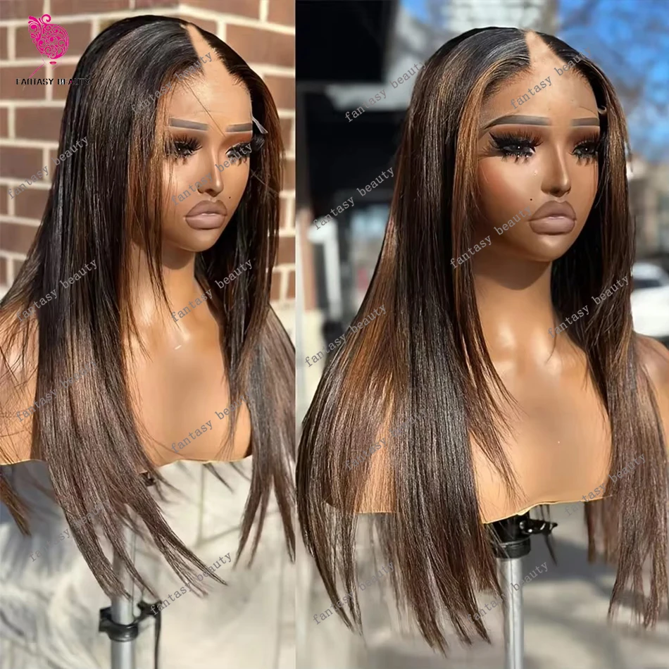 

Long Silk Straight Light Hony Caramel Brown Hightlight1x4Size U Part Wig Real Human Hair for Women Glueless V Part Wig Easy Wear