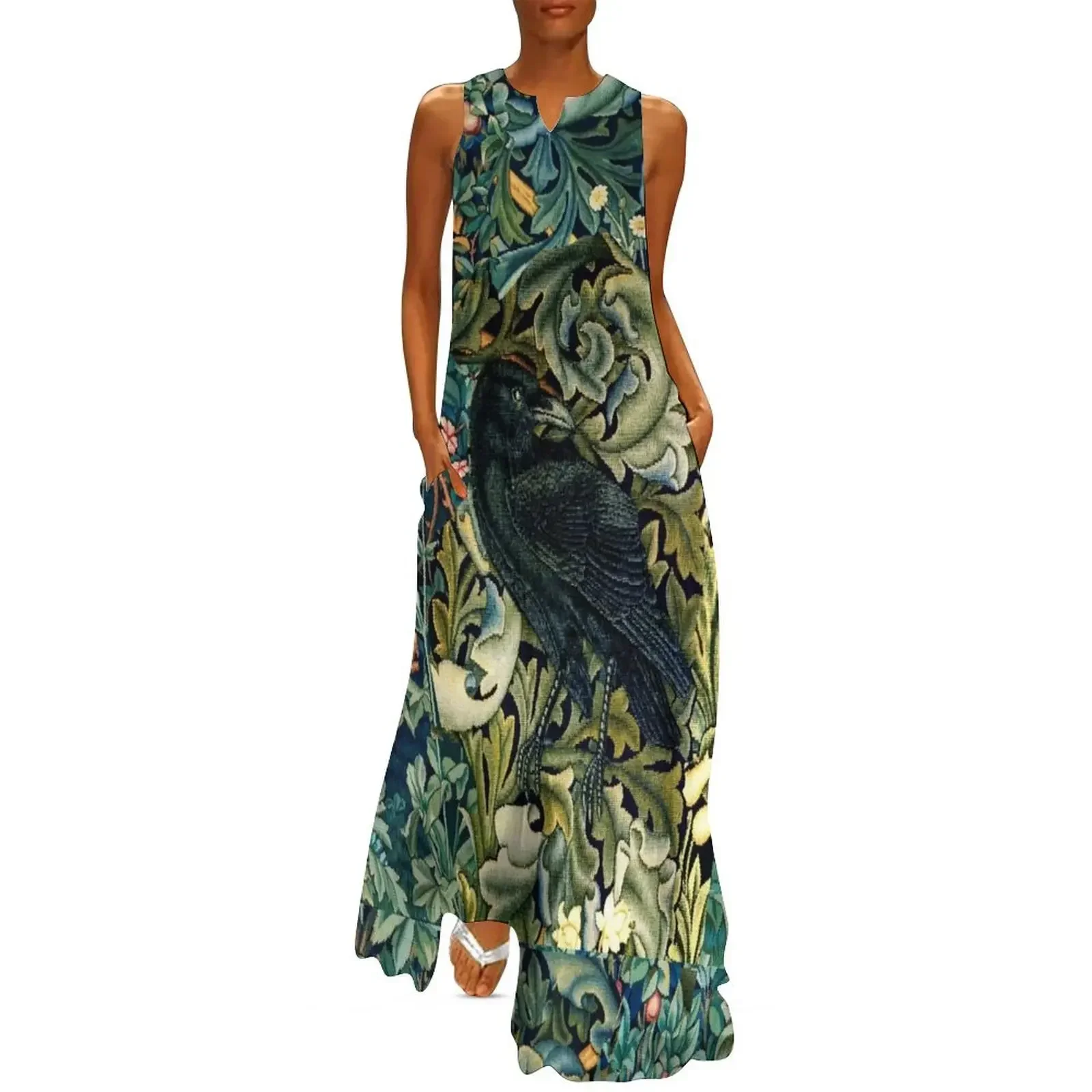 

GREENERY, FOREST ANIMALS ,RAVEN ON ACANTHUS LEAVES Blue Green Floral Long Dress women's luxury party dress Woman clothes Dress