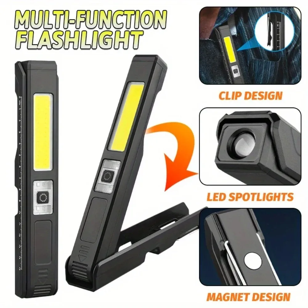 Magnetic Rechargeable Flashlight LED Work Light with Clip Waterproof Foldable Emergency Lamp for Car Repair Home Use