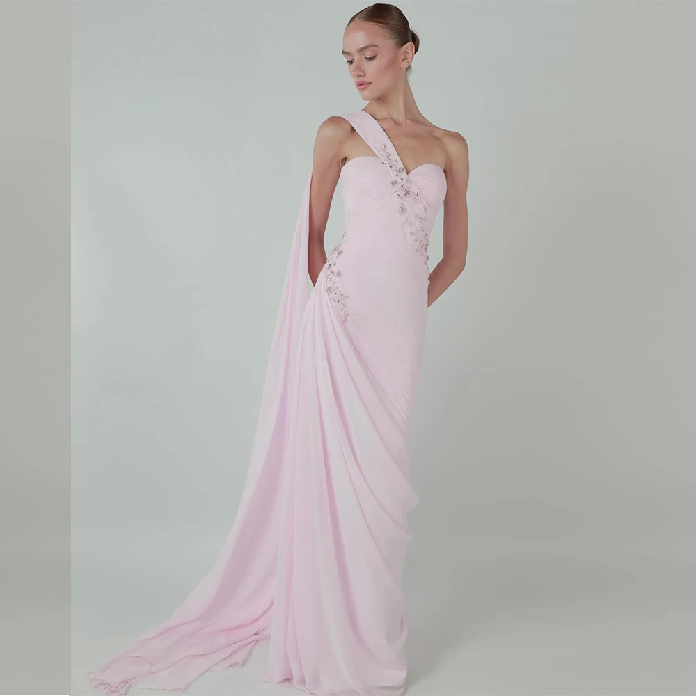 

Pink Customized Evening Dress Fashion One Shoulder Sleeveless Zipper Back Homecoming Dress Beading Special Occasion Gowns