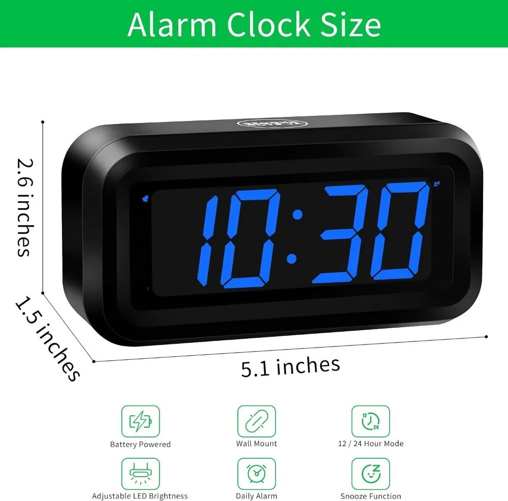 Small Digital Alarm Clock, 1.2inch Dark Blue LED Digits, Adjustable Brightness, Dim Night Mode, 12H/24H, Battery Operated, Wall Mount, Snooze, for Kids Bedroom, Travel