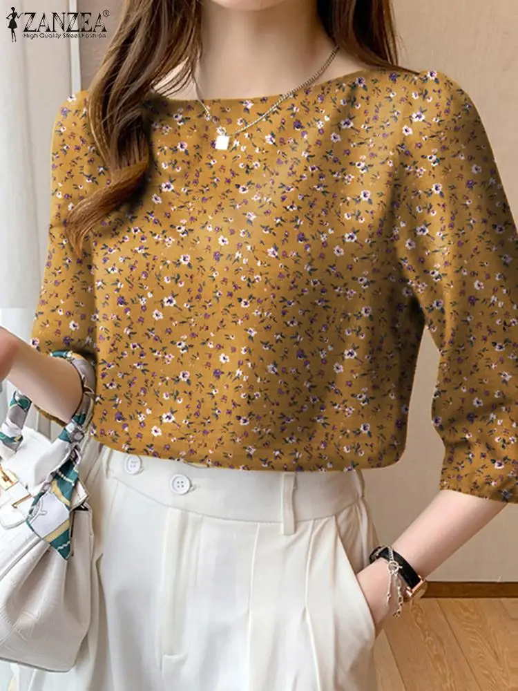 2024 ZANZEA Bohemian Holiday Tops Elegant Women OL Work Shirt Summer O Neck 3/4 Sleeve Floral Printed Blouse Casual Party Blusas